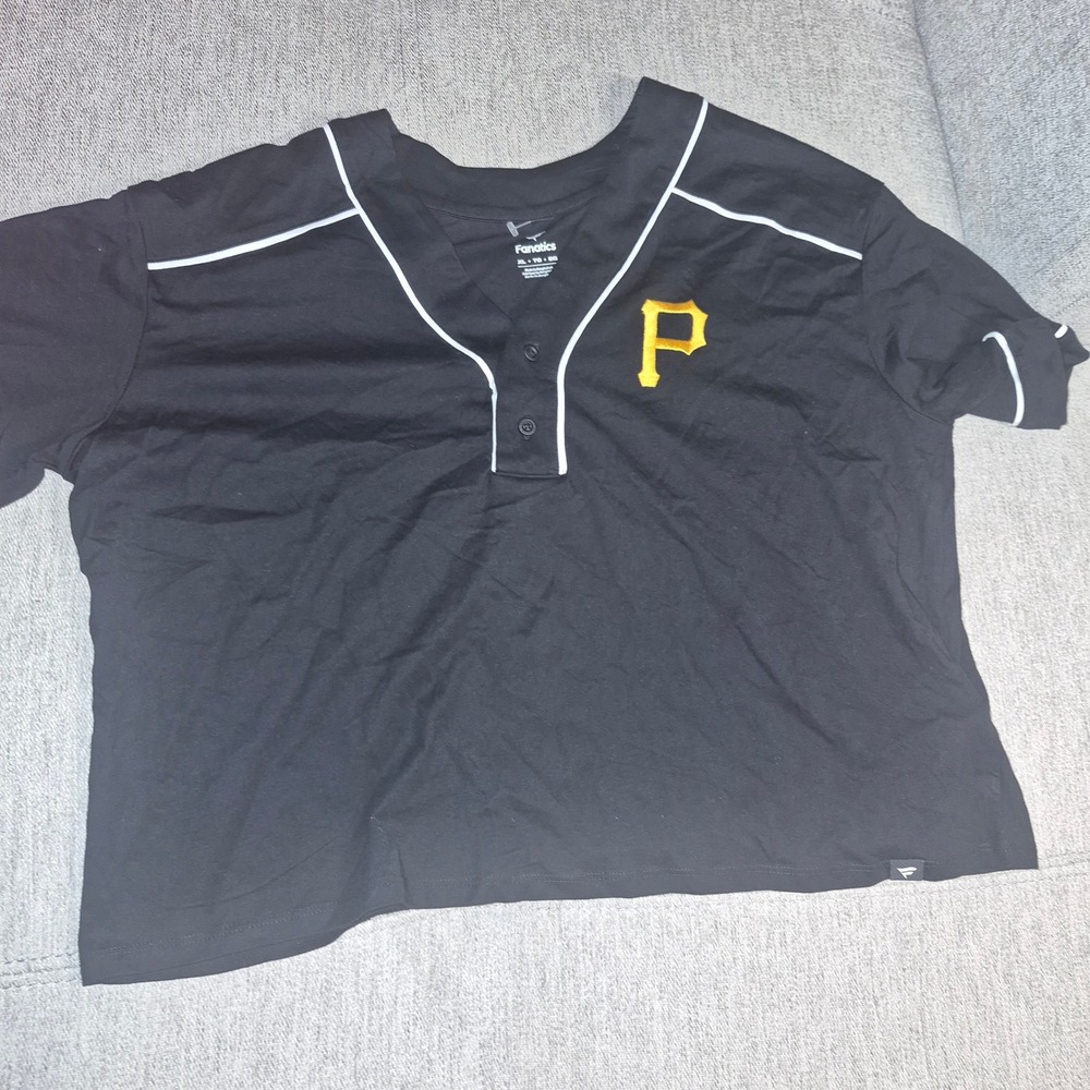 Fanatics Pittsburgh Pirates MLB Women XL Black Henley Jersey Tee Short Sleeve